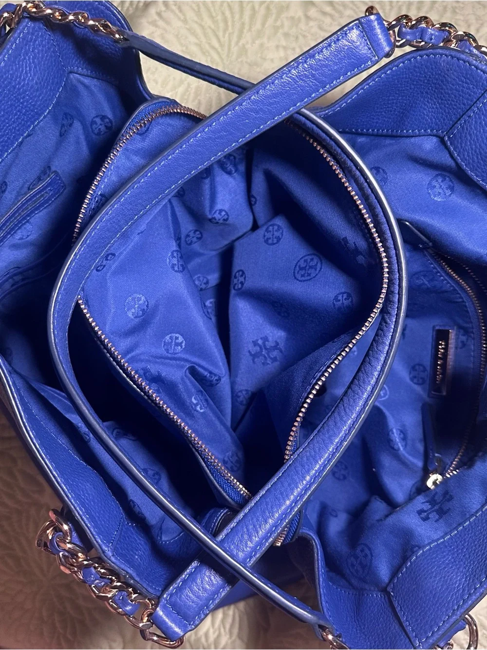 Tory Burch Harper Cobalt Blue Pebbled Leather Shoulder Tote Bag